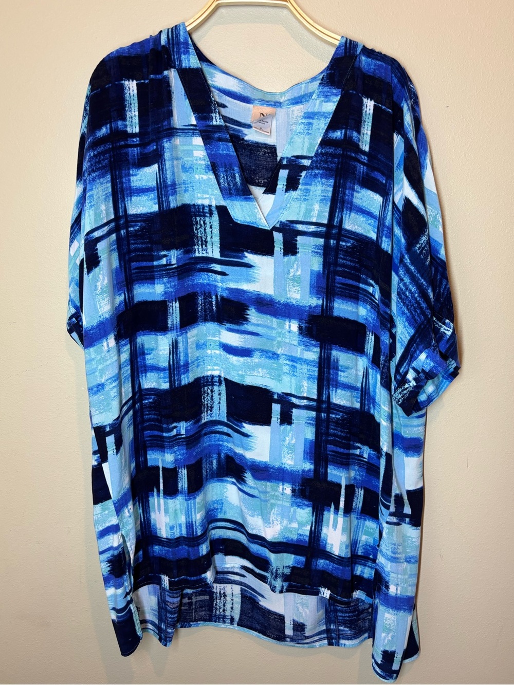 Natori V-Neck Caftan, Mumu, Nightgown,  Blue Abstract, XL